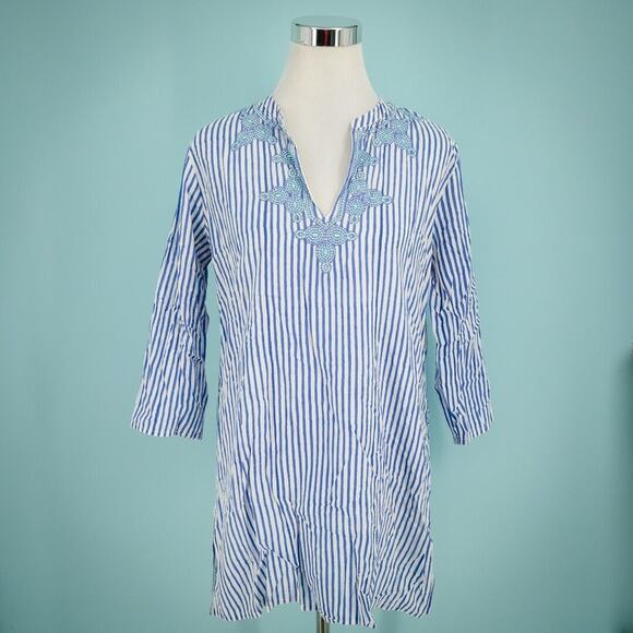 Roberta Roller Rabbit Size Medium M Blue Stripe Embroidered Cotton Tunic Top - Picture 1 of 8